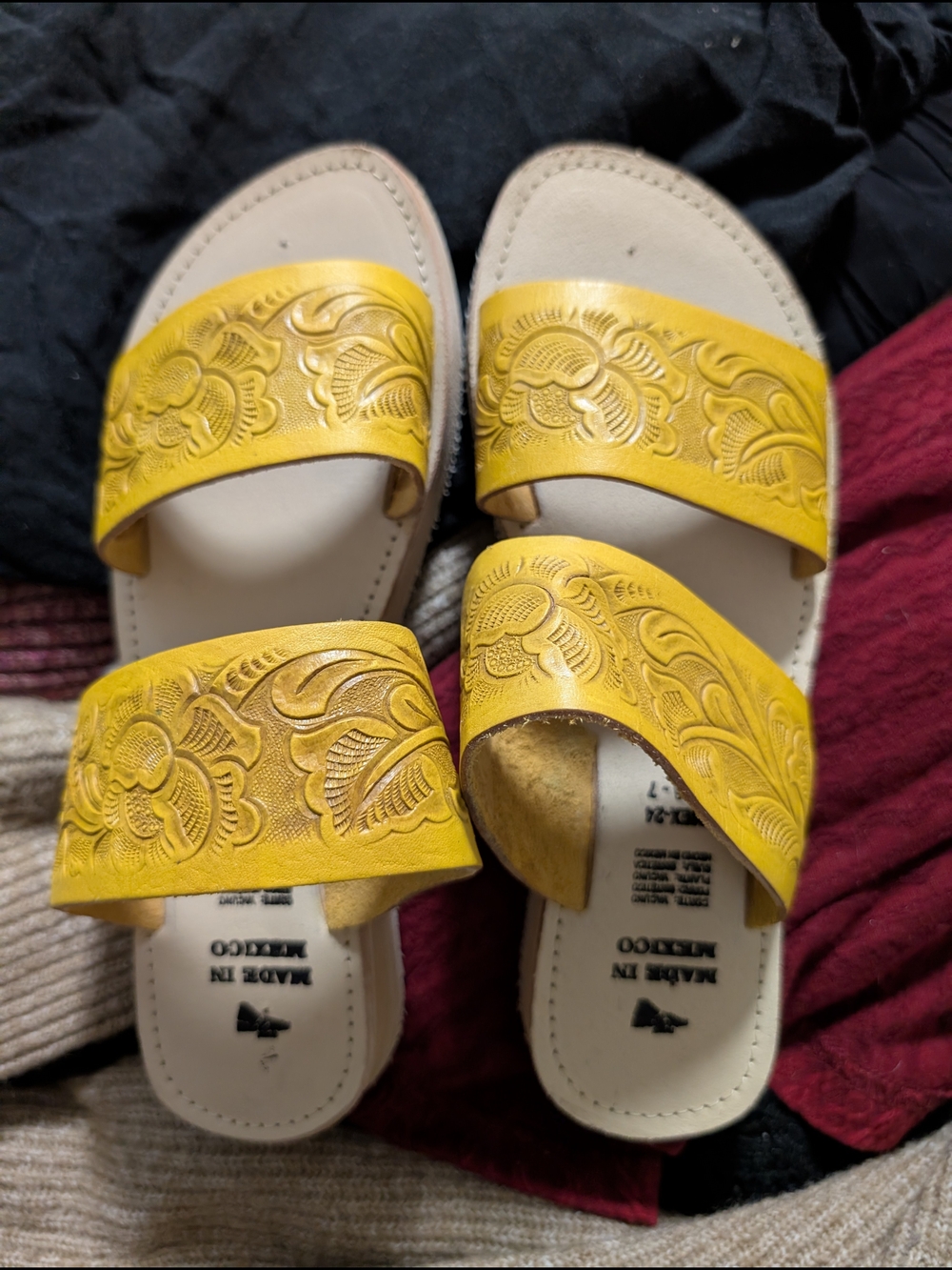 Mexican Yellow Floral-Embossed Double-Band Slide Sandals